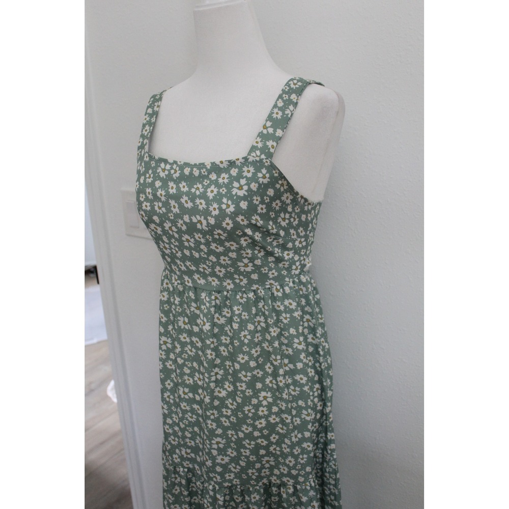 Sage Green Daisy Floral Tiered Maxi Dress Square Neck Tie Back Cutout Boho - Picture 2 of 7